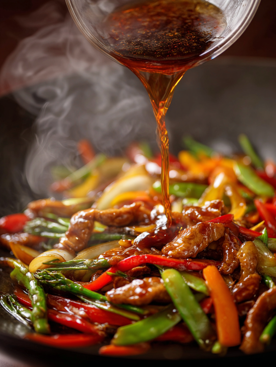 Sweet and sour sauce poured over pork stir-fry