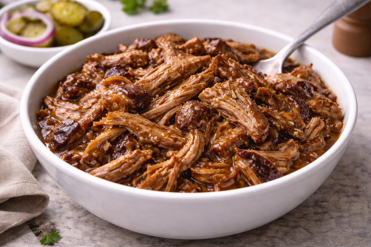 pulled pork with pickles and red onion on the side for sandwiches. sliders or tacos