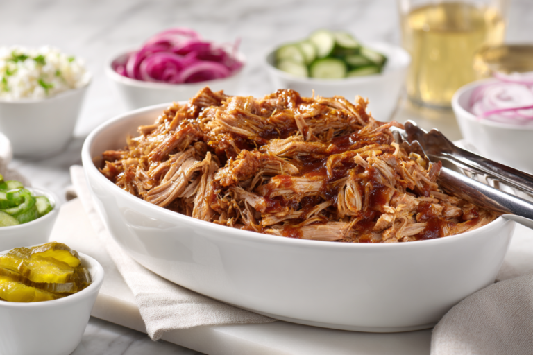 pulled pork in a large white oval bowl with toppings on the side for leftover pulled pork recipes