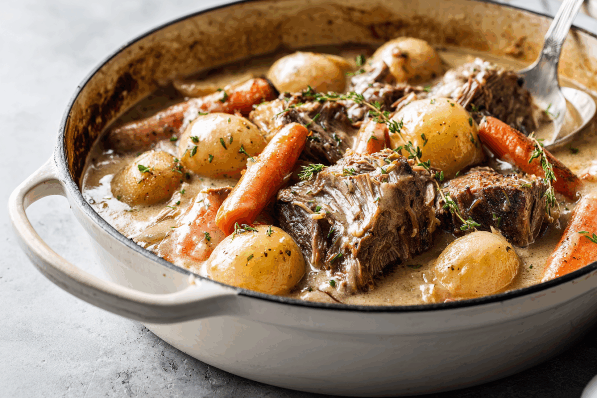 ranch style pot roast made with chuck roast, large chunks of tender beef surrounded by carrots and potatoes in a creamy light brown gravy