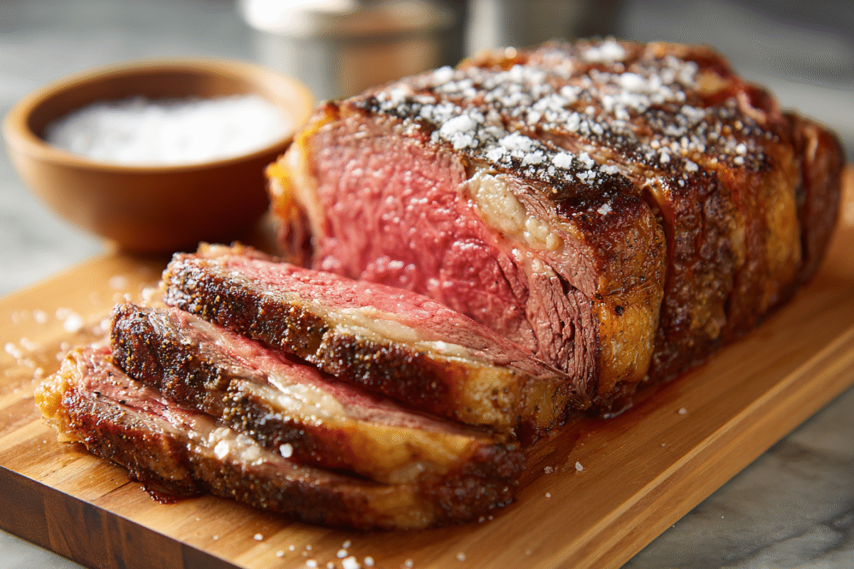 Sliced ribeye roast with browned crust and pink center on a cutting board with a knife and small bowl of salt
