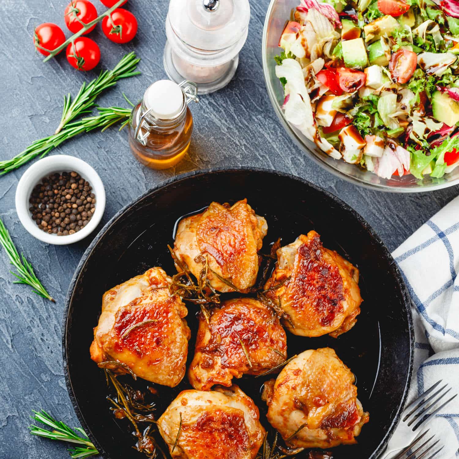 Roasted Chicken Thighs and Cucumber with Tomato Salad