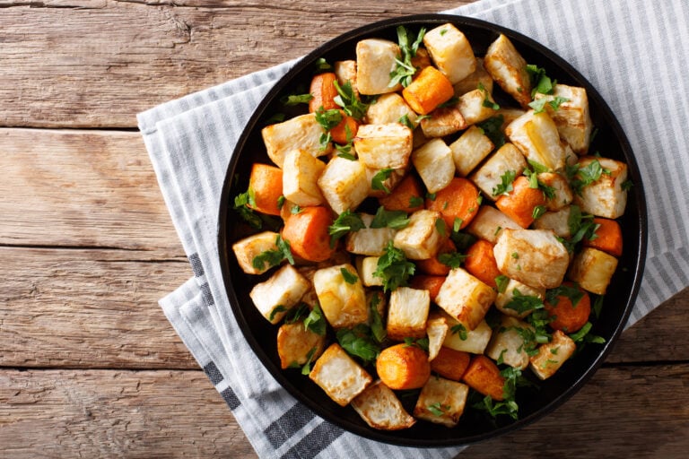 roasted carrots and potatoes overhead view