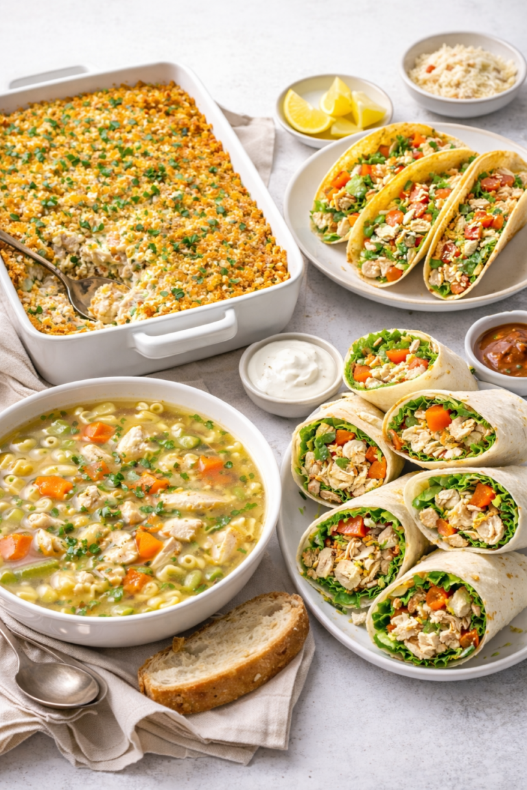 a collection of leftover rotisserie chicken recipes with soup, tacos, casseroles and sandwiches