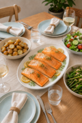 Easy Salmon Recipes for Every Night of the Week platter of salmon fillets set on a dinner table with side dishes