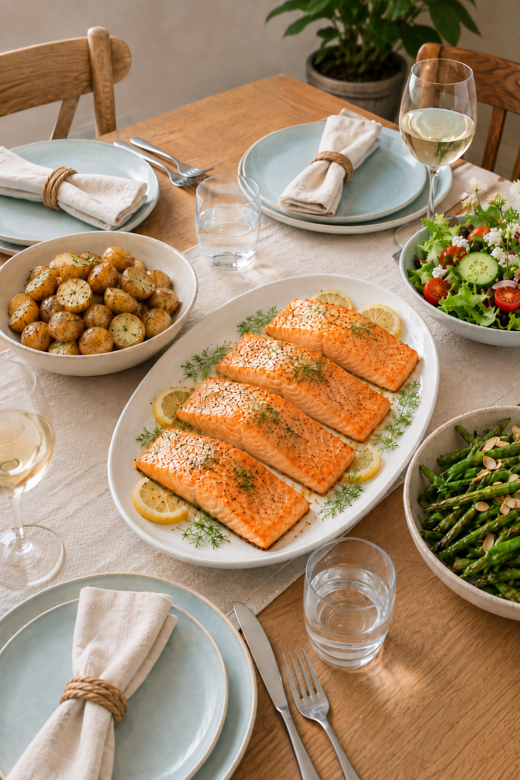 platter of salmon fillets set on a dinner table with side dishes