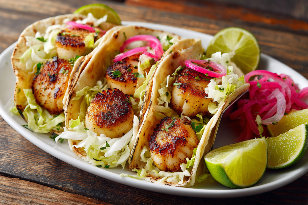 pan seared scallop tacos on a white plate with limes