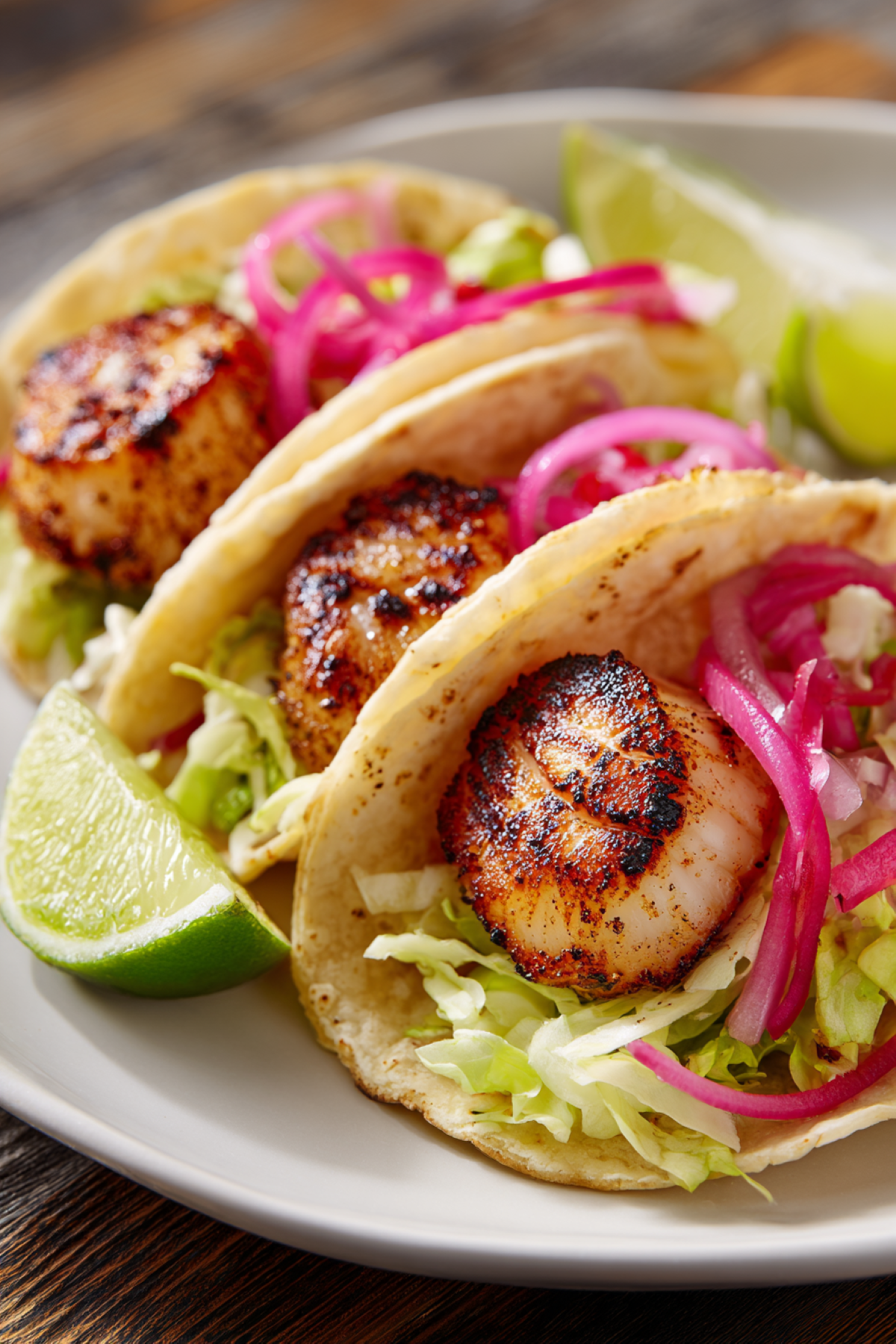 Sautéed scallop tacos with slaw and red onions