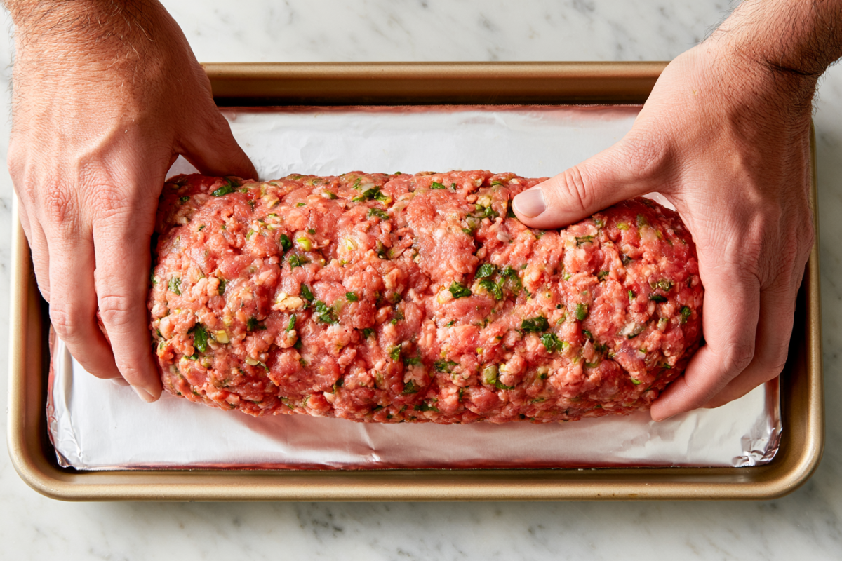 hands shaping meatloaf into a loaf shaped on a parchment lined sheetpan