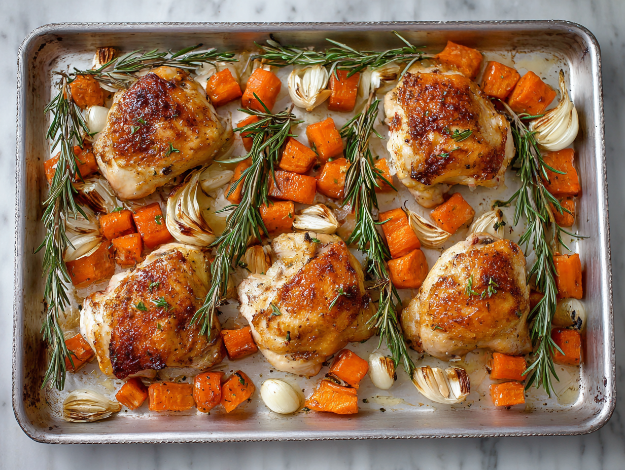 sheet pan chicken thighs, garlic, carrots, rosemary