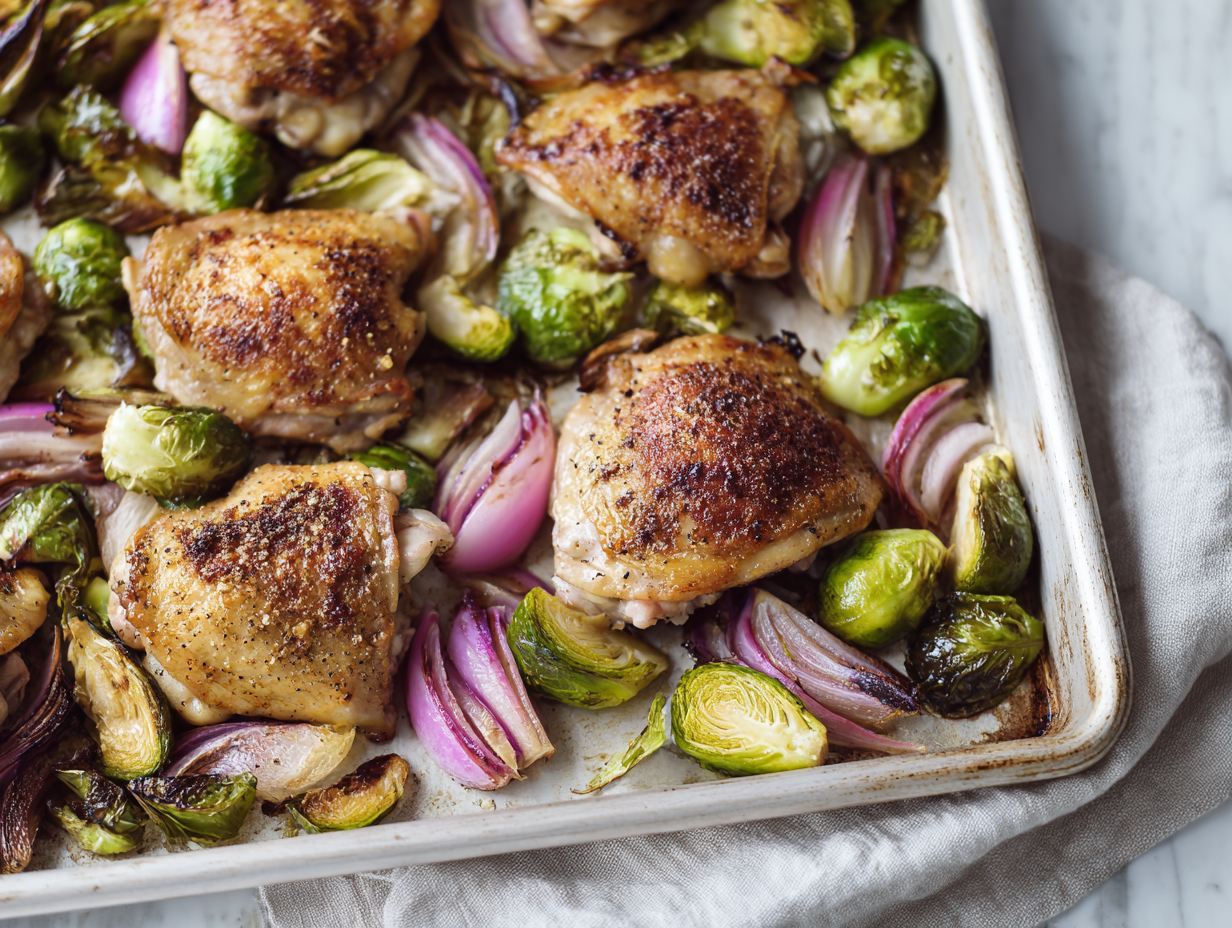 sheet pan chicken thighs with sprouts