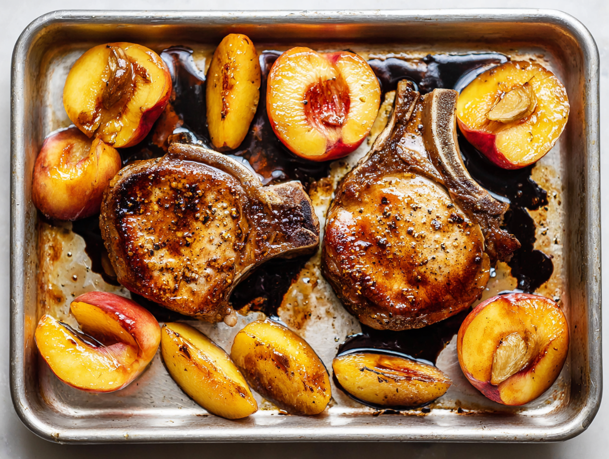 sheet pan pork chops and peaches