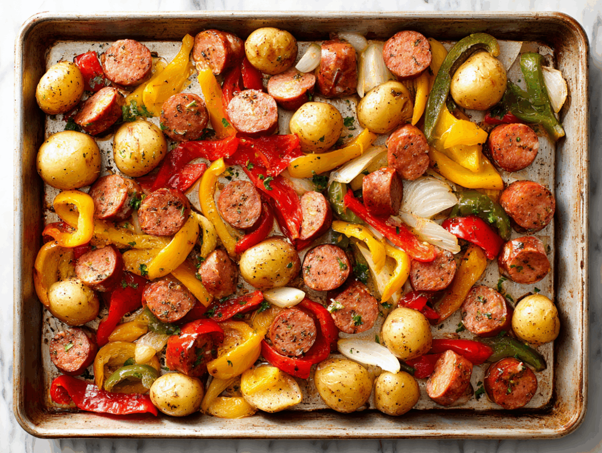 sheet pan sausage, potatoes, onions