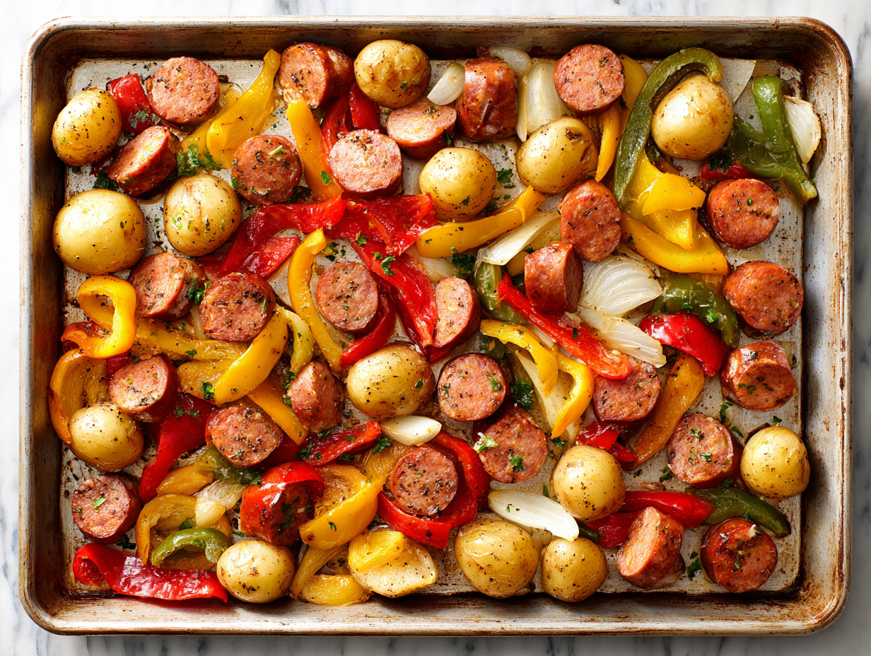 sheet pan sausage, potatoes, onions