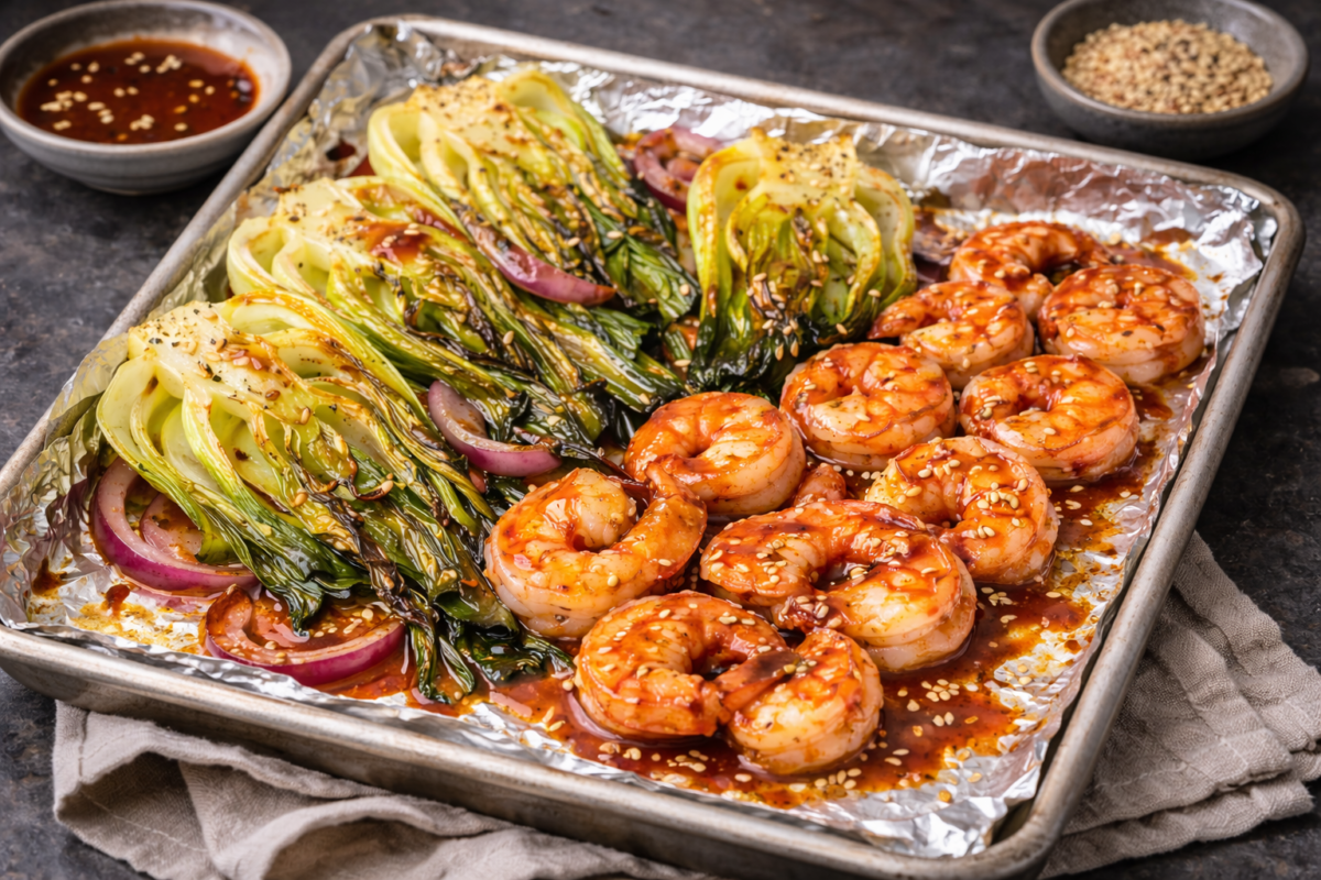sheet pan shrimp and bok choy with a sweet spice glaze