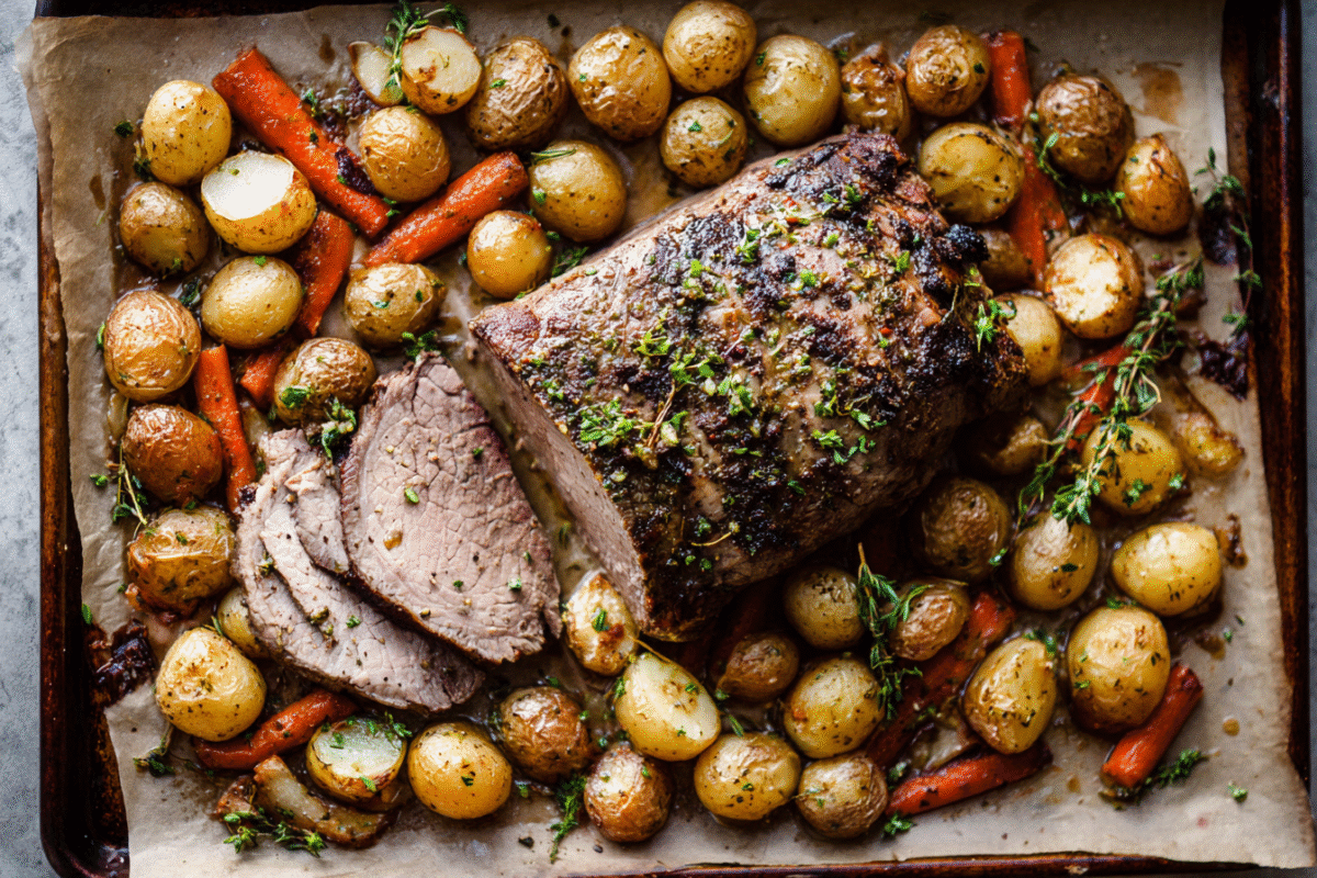  Sheet pan with top round roast sliced at one end surrounded by roasted baby potatoes and carrots on parchment over a light stone counter