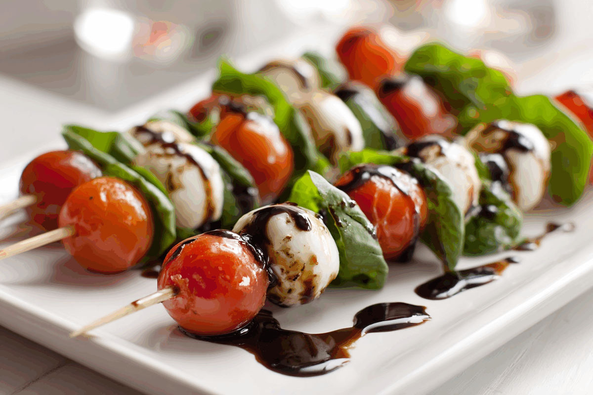 caprese skewers drizzled with balsamic on white plate