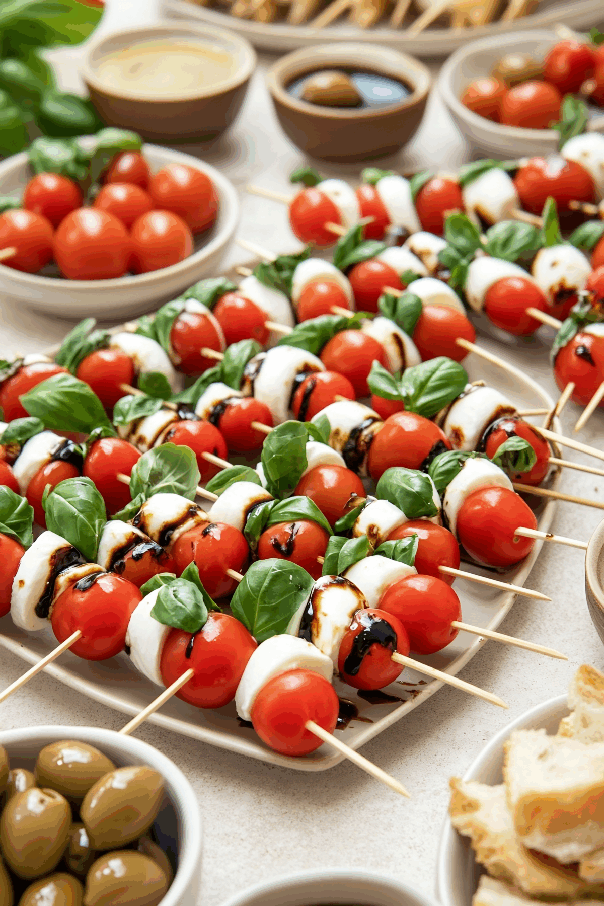 large group of caprese skewers on platters
