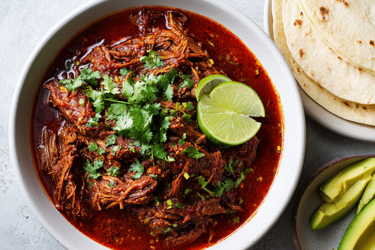 Shredded chili lime chuck roast in a white bowl with rich red sauce, cilantro, lime slices and tortillas on a light stone countertop