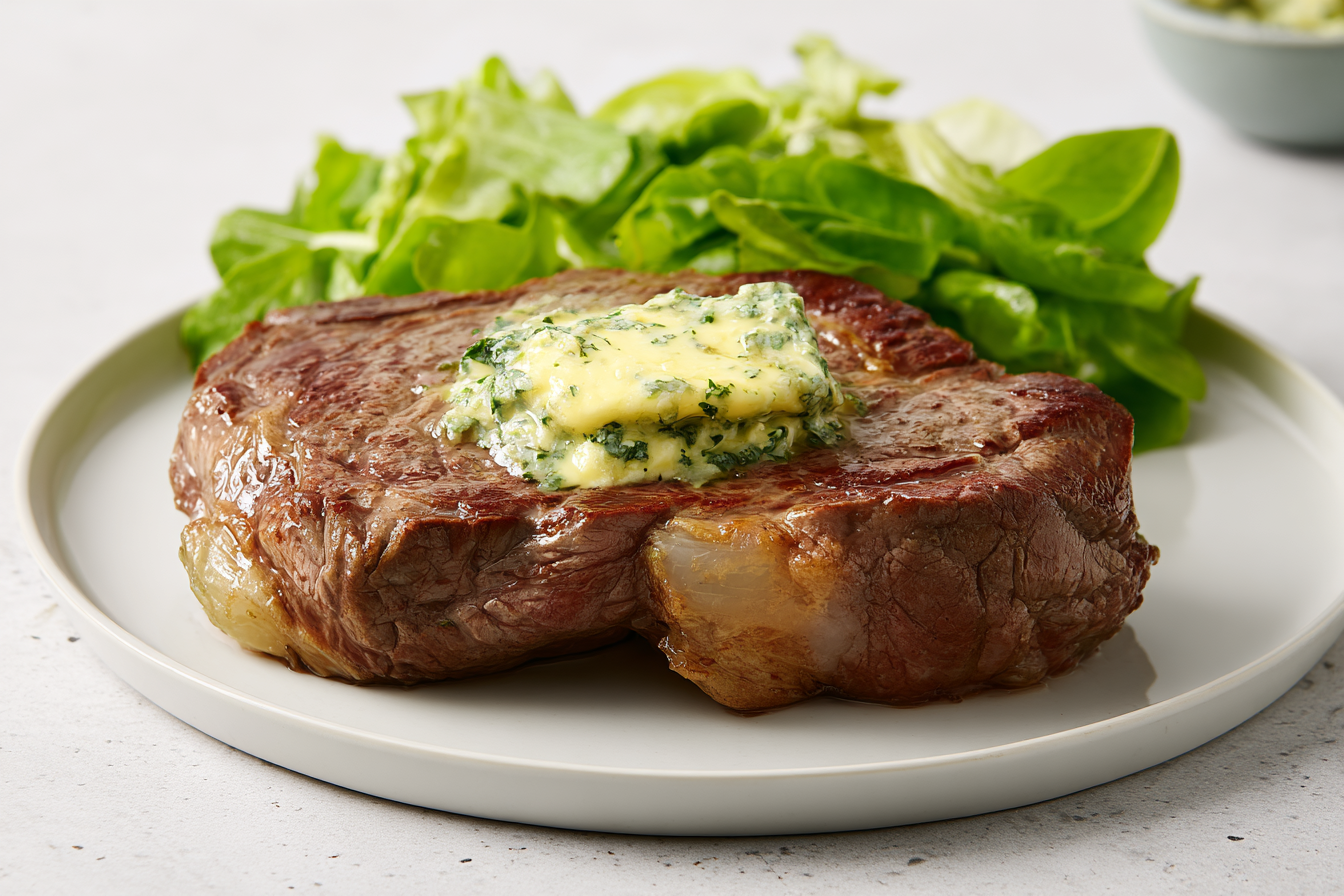 air fryer steak, herb butter, green side salad