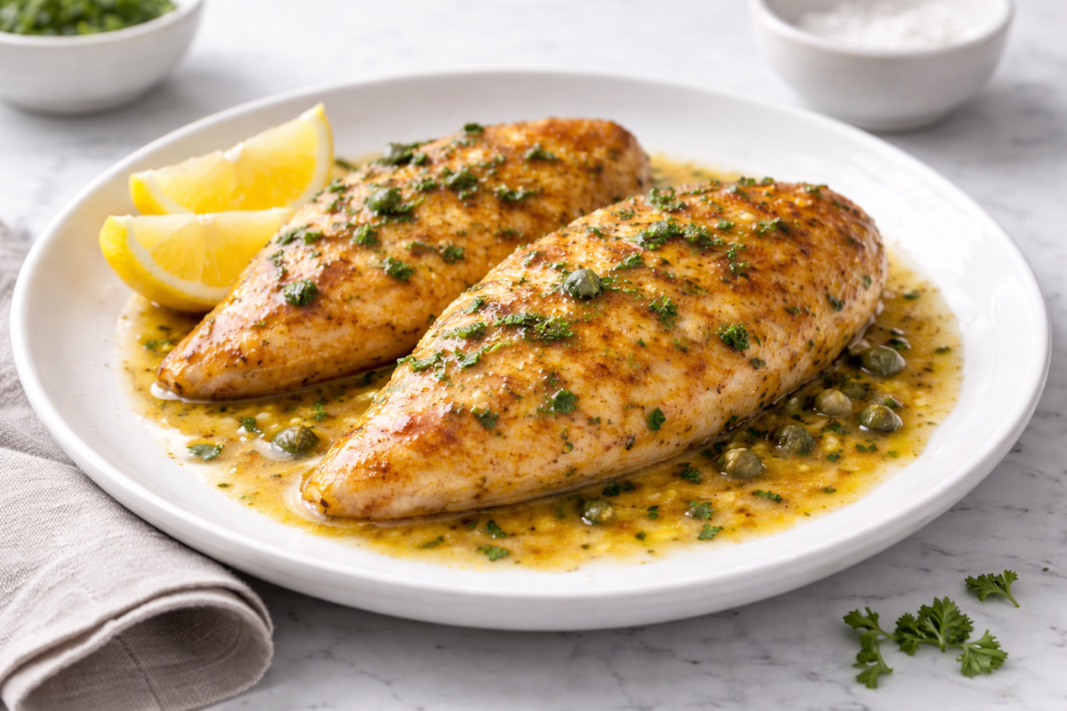 chicken piccata on a plate with sauce and capers, garnished