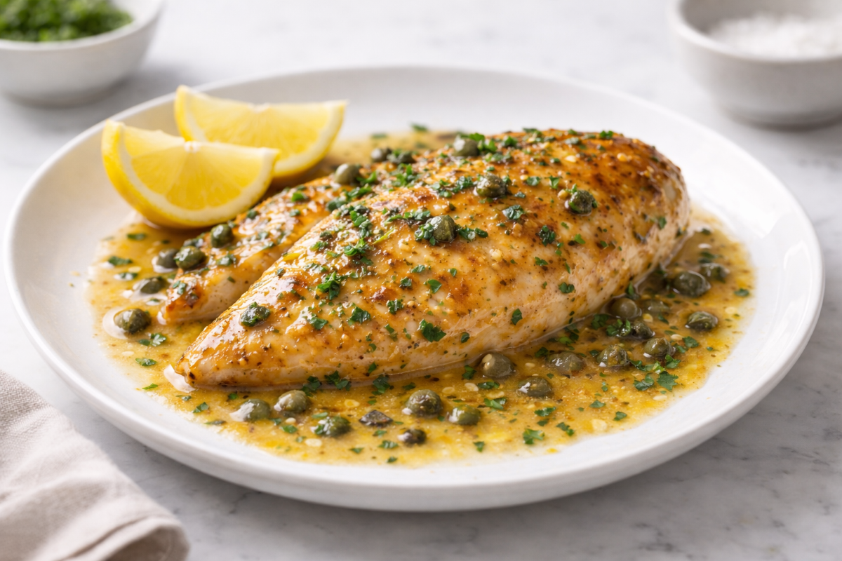 skillet chicken picatta; chicken cutlets in a lemony sauce with capers