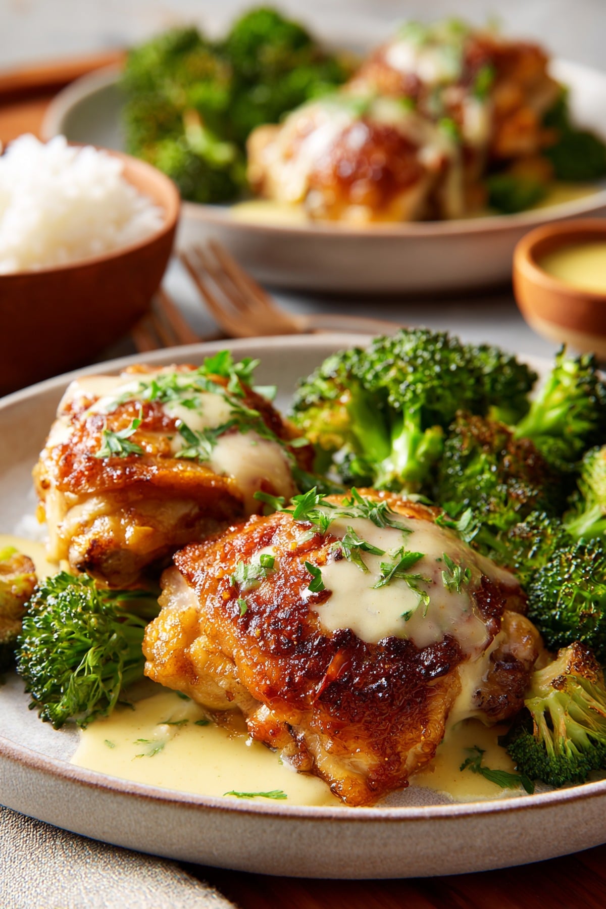 skillet miso butter bone-in skin-on chicken thighs served with miso sauce, steamed rice and steamed broccoli
