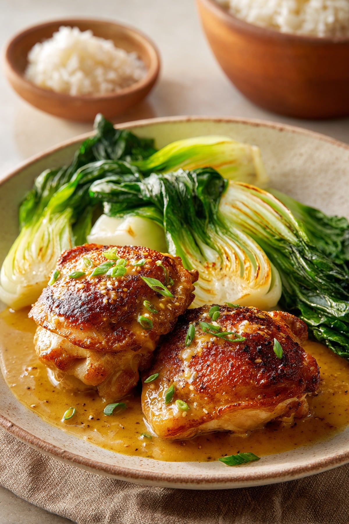 Crispy Miso Butter Chicken Thighs with Pan Sauce