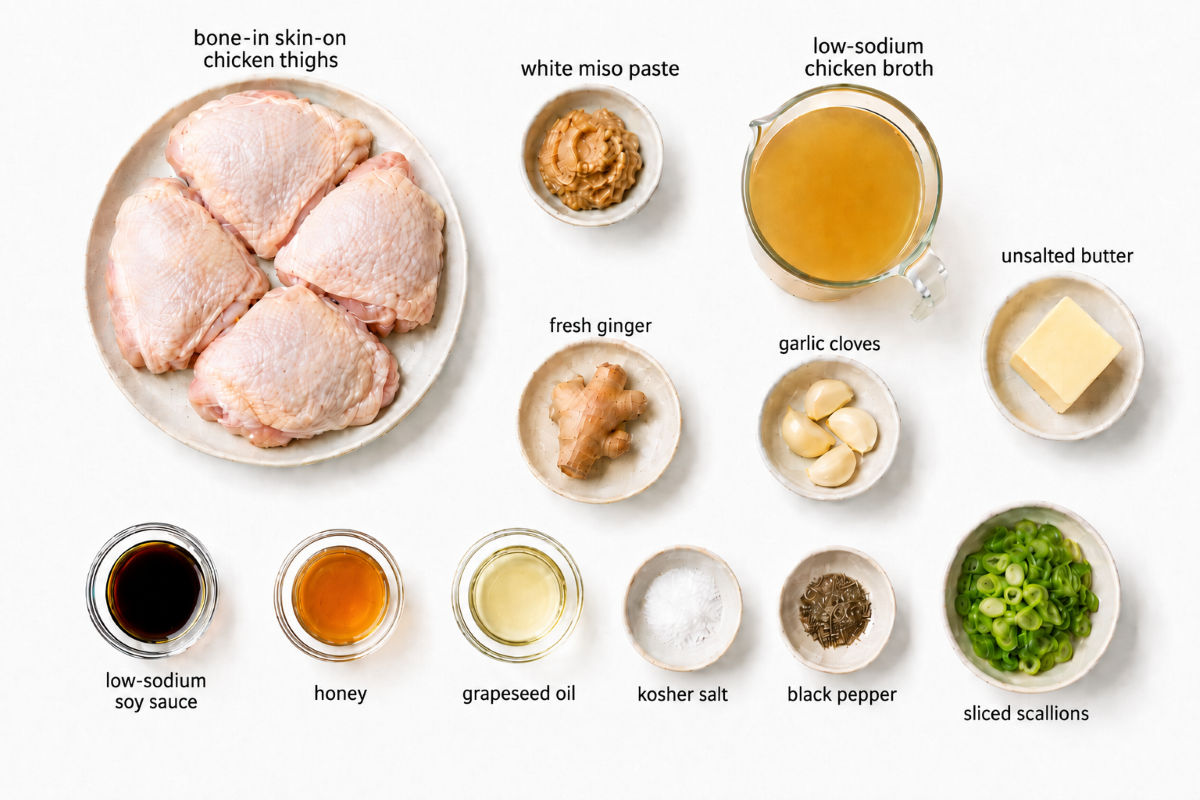overheat view of skillet miso chicken thighs ingredients prepped
