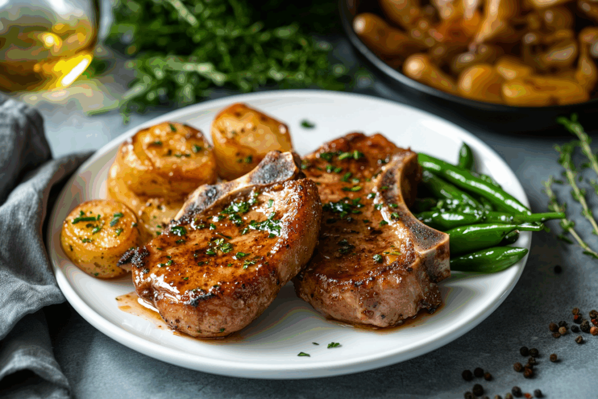 pork chops, green beans, roasted potates served