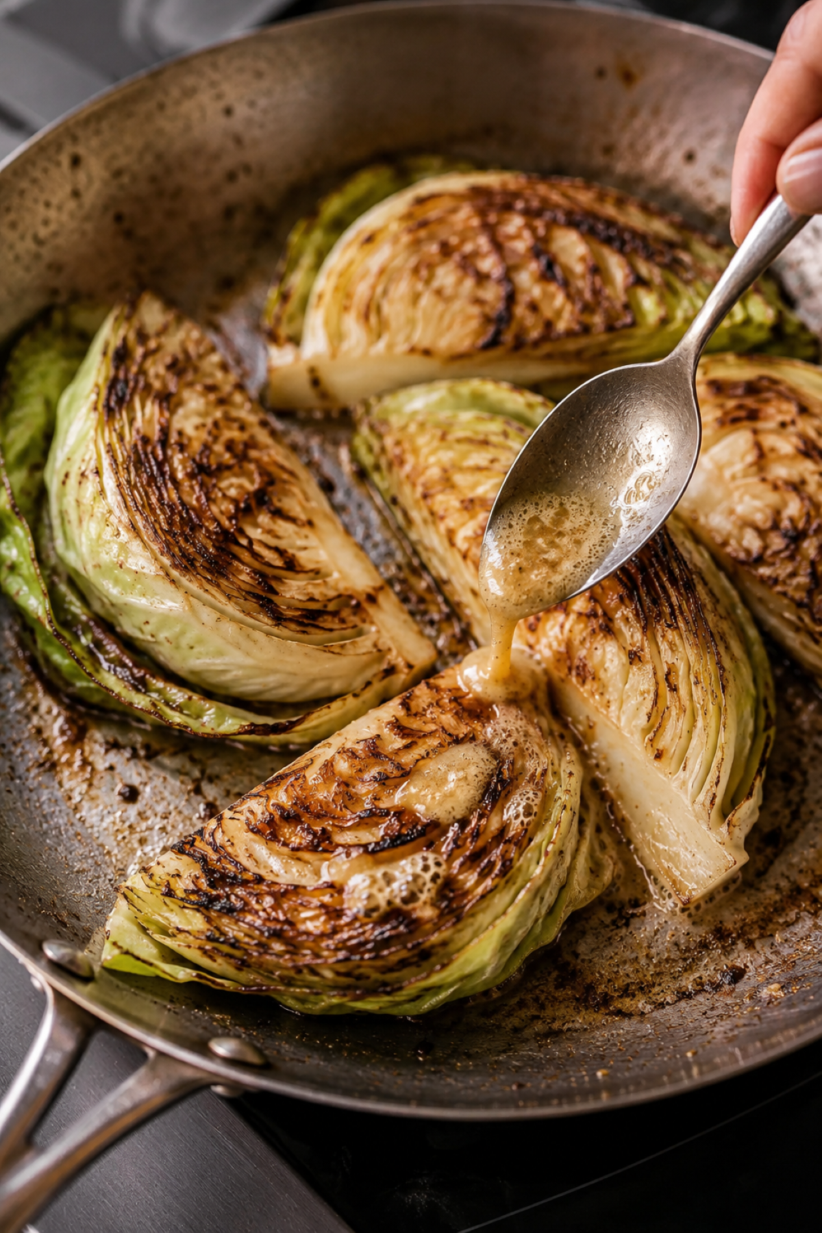 cabbage wedges in a stainless steel skillet getting miso butter sauce spooned over the top