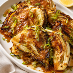 pan seared miso butter cabbage wedges on an oval platter