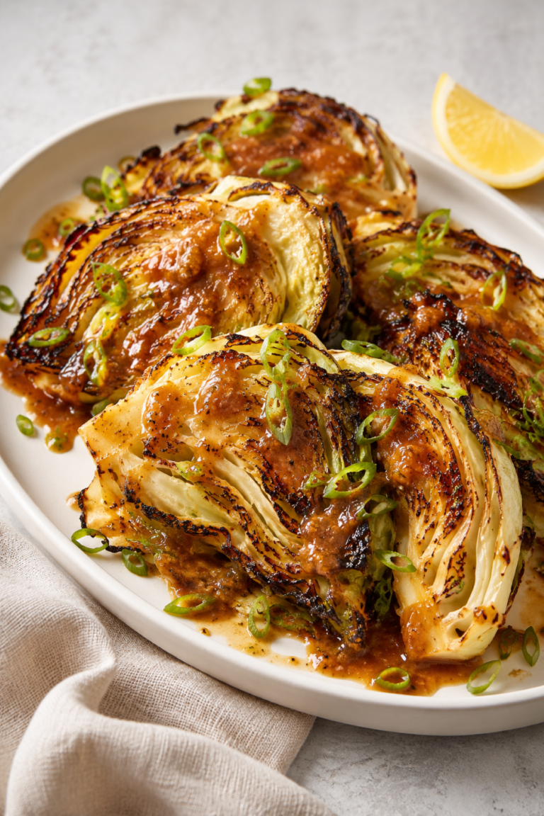 pan seared miso butter cabbage wedges on an oval platter