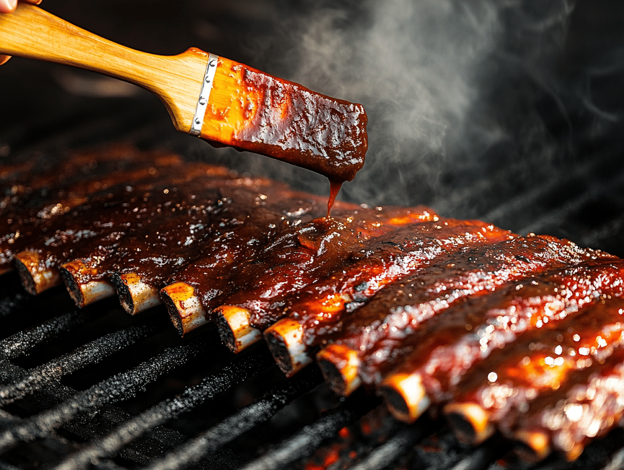 brushing kc bbq sauce on ribs laying on a grill grate