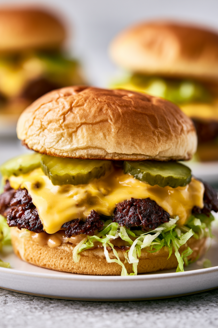 smash burgers topped with cheese, pickles, and lettuce on a toasted bun