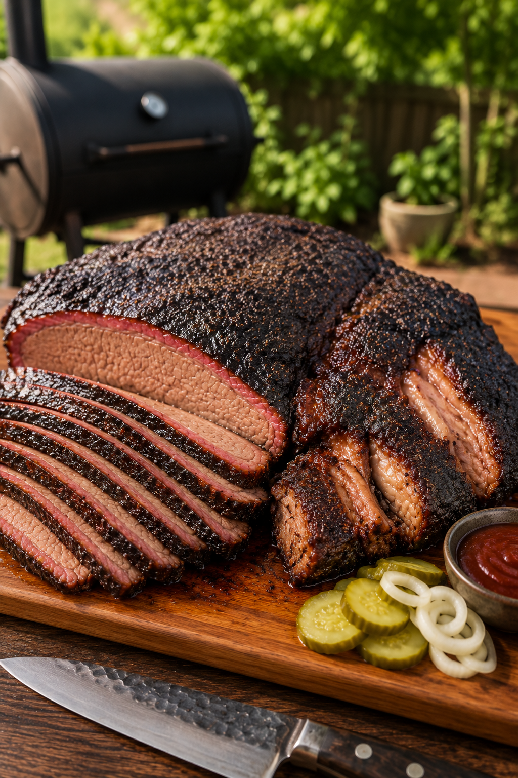 whole smoked brisket with point and flat separated and partially sliced