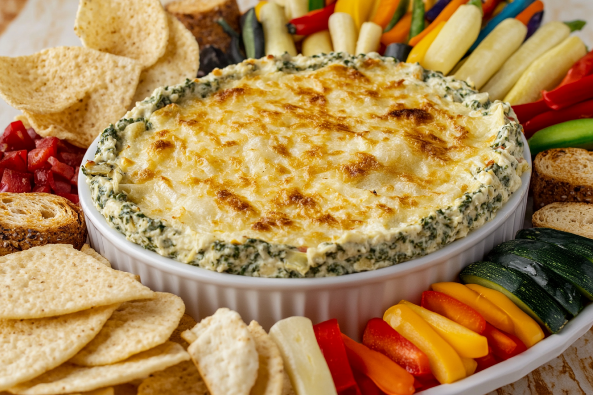 spinach artichoke dip in a round dish with vegetables and crackers alongside