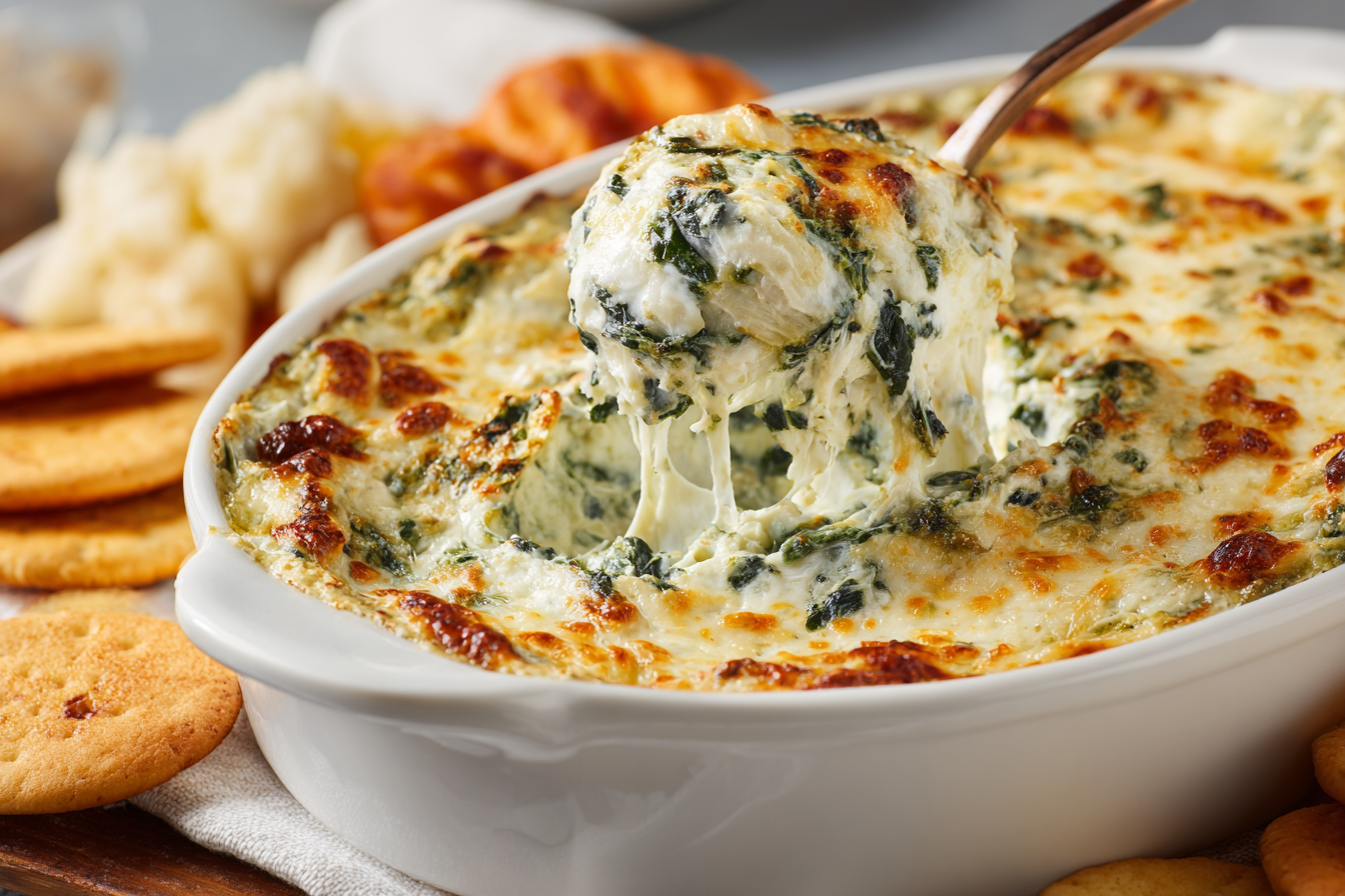 warm cheesy spinach dip being spooned from the dish with cheese dripping