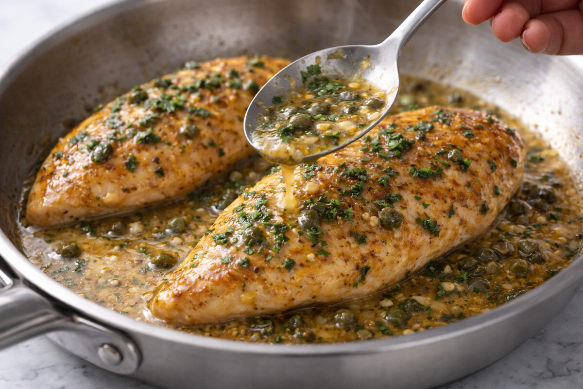 spooning lemon garlic butter sauce over chicken cutlets