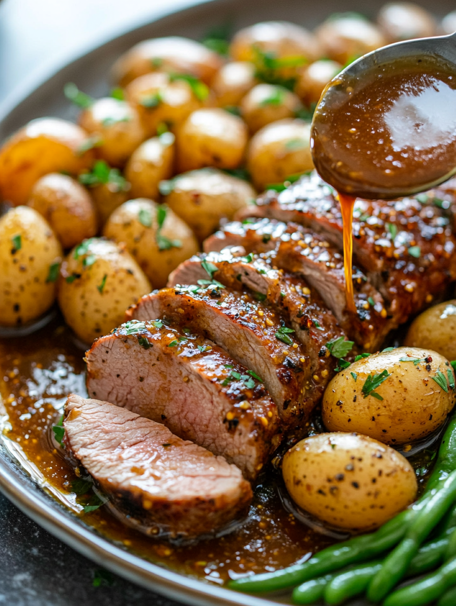 spooninghoney mustard sauce over pork tenderloin