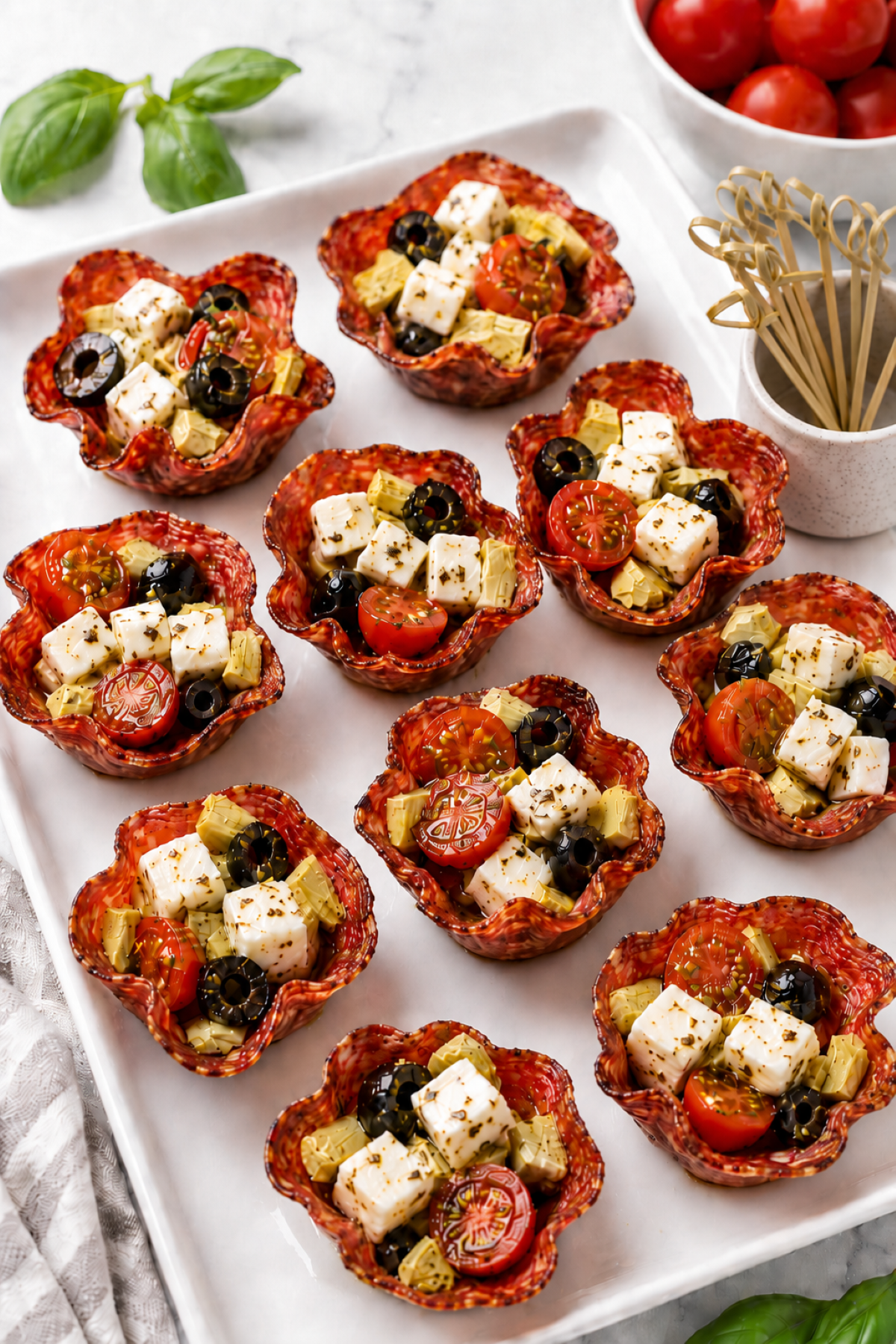 salami cups filled with antipasto for summer appetizers