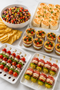 15 Make Ahead Appetizers For Summer Game Day Hosting collection of summer appetizers featuring cowboy caviar, rollups, layered salad cups, caprese skewers and Italian sub skewers