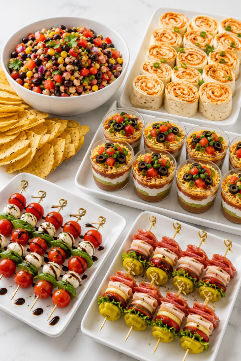 collection of summer appetizers featuring cowboy caviar, rollups, layered salad cups, caprese skewers and Italian sub skewers