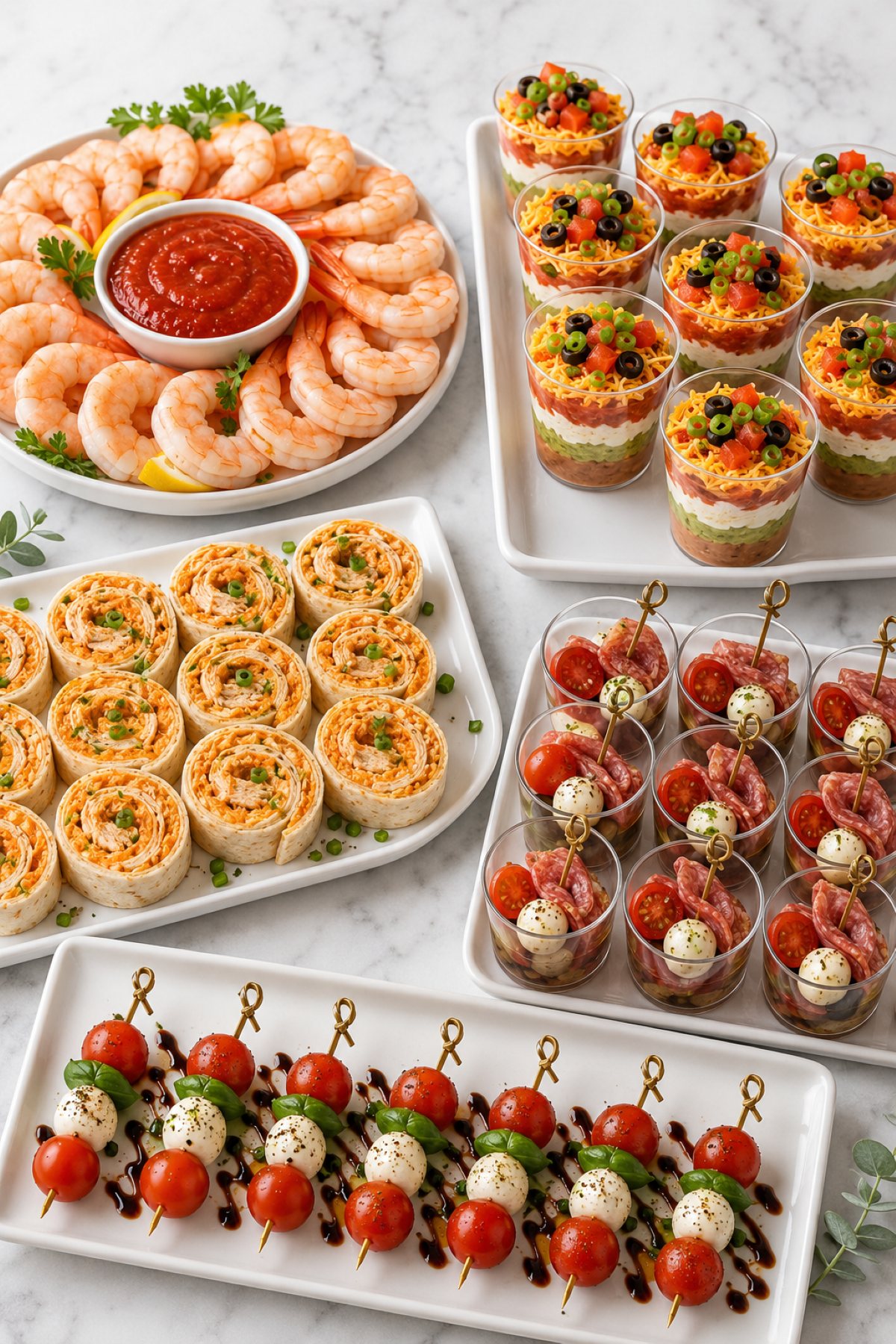 collection of summer appetizers, shirmp skewers, rollups and layered salad cups
