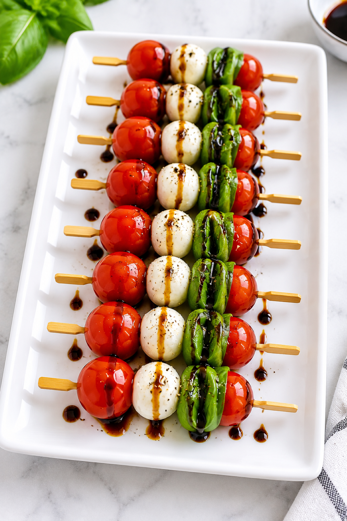 caprese skewers featuring 2 ripe tomatoes, a mozzarella ball and folded basil leaves, drizzled with a balsamic glaze