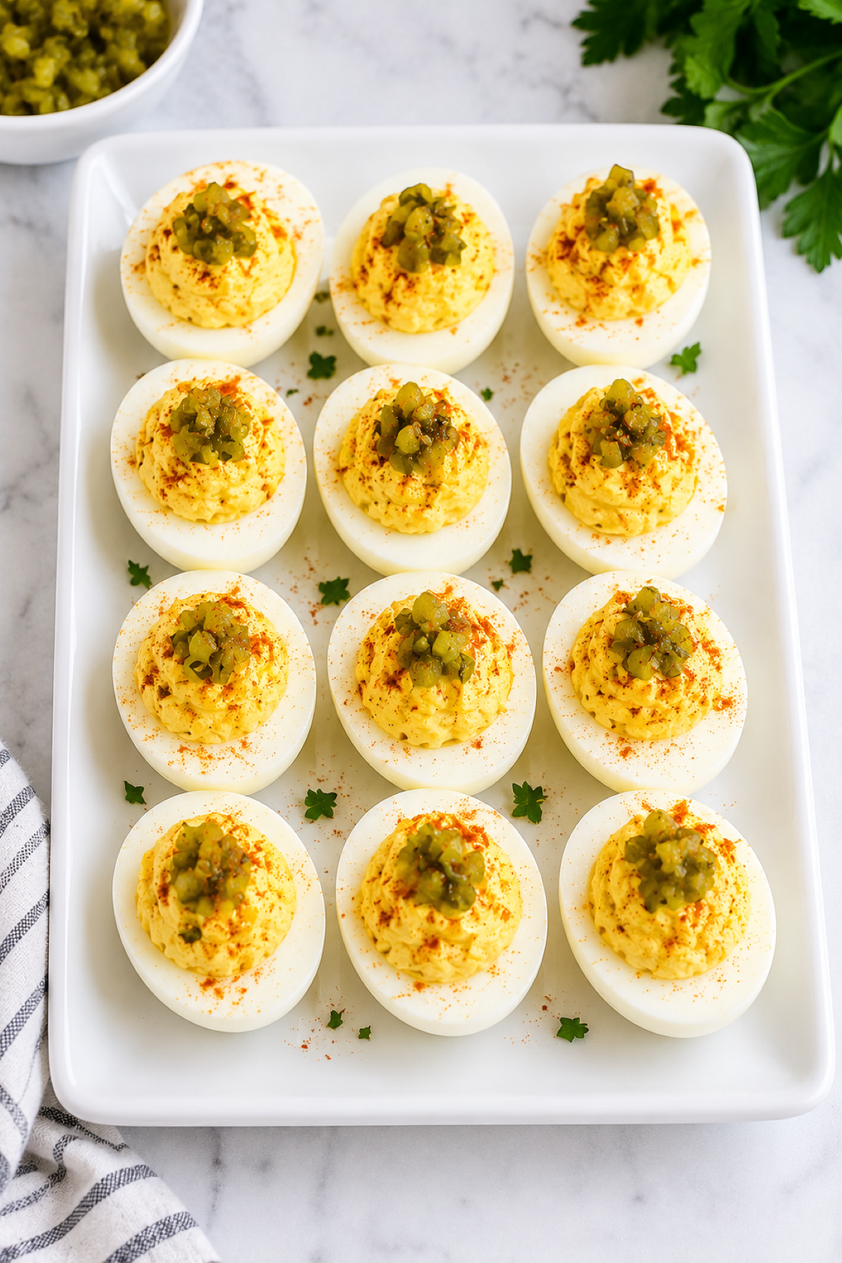 deviled eggs with pickle relish on a party platter