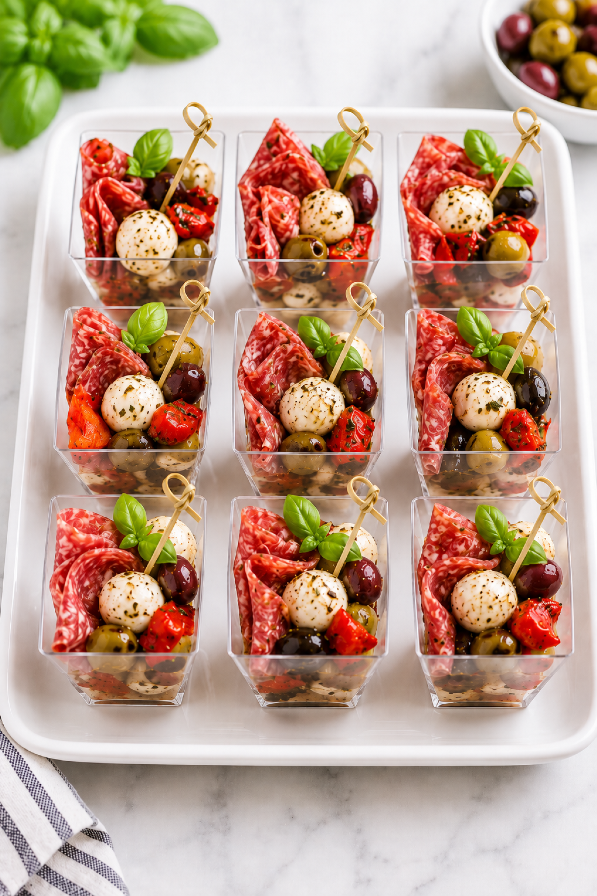 make ahead appetizers of Italian sub-style filled cups with festive picks. salami slices, mozzarella balls, lettuce and olives in cups