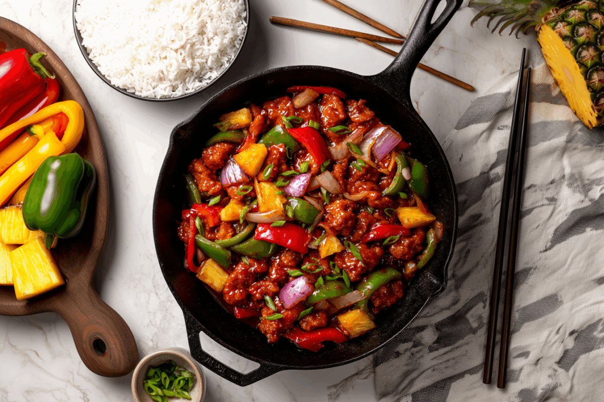homemade sweet and sour pork stir-fry in a cast iron skillet top down view