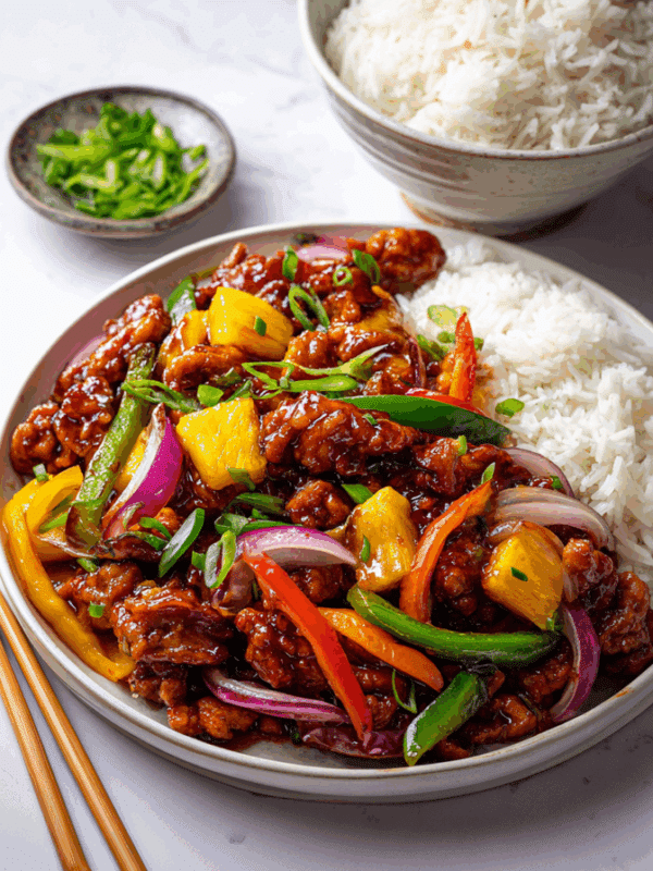 plates for sweet and sour pork stir fry with rice