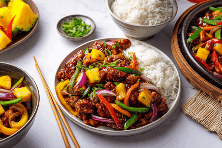 plates for sweet and sour pork stir fry with rice
